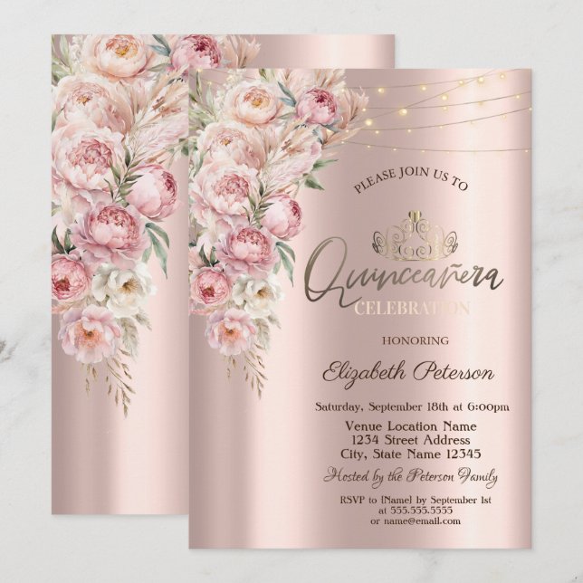 Tiara,String Lights Pink Roses  Quinceañera Invitation (Front/Back)