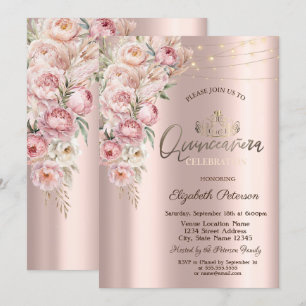 Tiara,String Lights Pink Roses Quinceañera Invitation