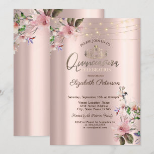 Tiara,String Lights Spring Flowers Quinceañera Invitation