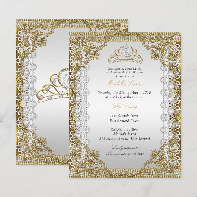 Tiara White Gold Pearl Lace Damask Birthday Party Invitation (Front/Back)