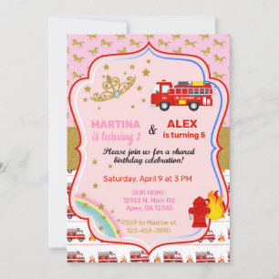 Tiaras et pompiers frères et soeurs invitation ann