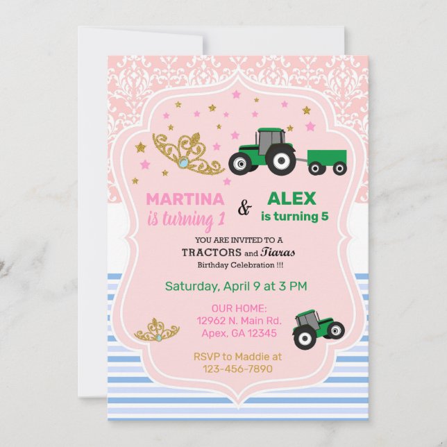 Tiaras et tracteurs frères et soeurs invitation d' (Devant)