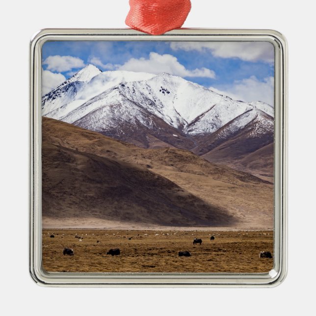 Tibet - Mountain landscape with yaks Metal Ornament (Front)