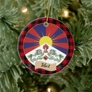 Tibet, Red buffalo plaid & Tibetan Flag Ceramic Ornament