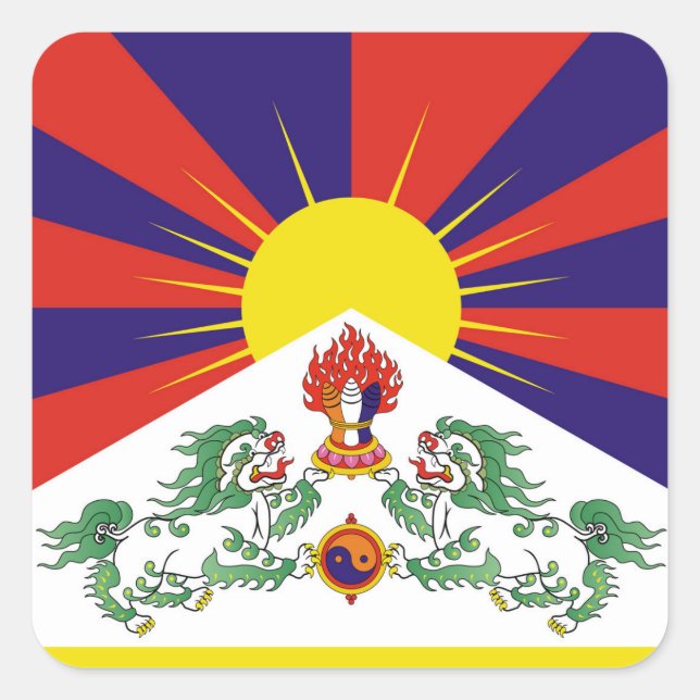 Tibet, Snow Lions, Tibetan flag - The Himalayas Square Sticker (Front)