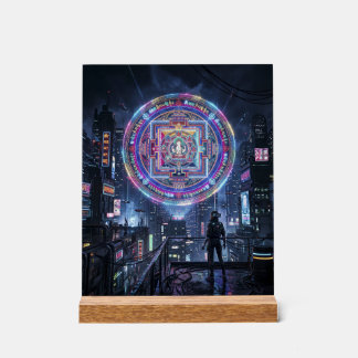 Tibetan Mandala Illuminating the Night: Cyberpunk Acrylic Sign