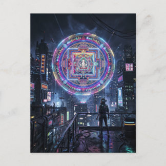 Tibetan Mandala Illuminating the Night: Cyberpunk Postcard