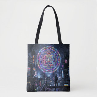 Tibetan Mandala Illuminating the Night: Cyberpunk Tote Bag