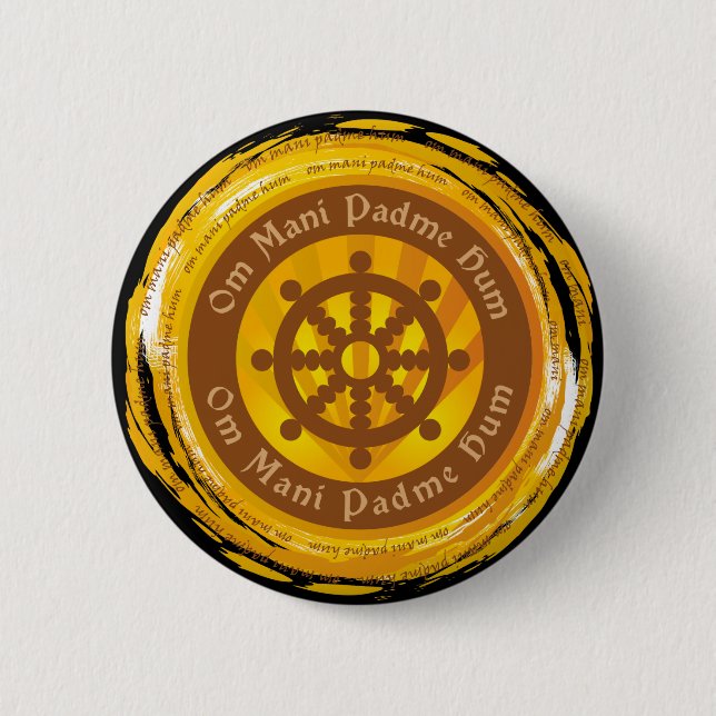 Tibetan Mantra Dharma Wheel 2 Inch Round Button (Front)