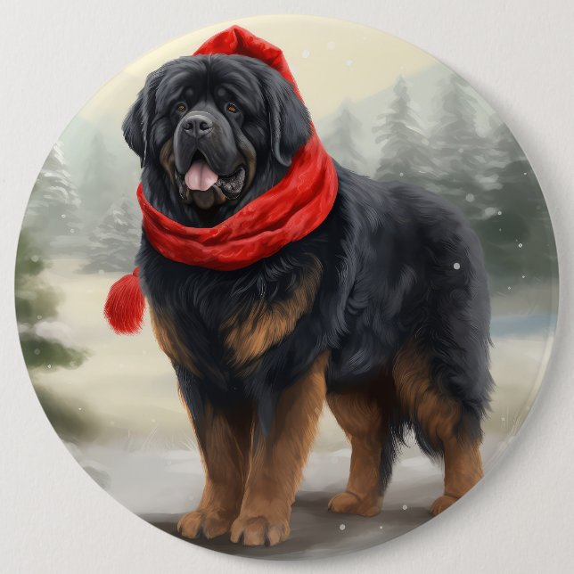 Tibetan Mastiff Dog in Snow Christmas  6 Inch Round Button (Front)