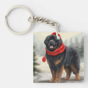 Tibetan Mastiff Dog in Snow Christmas  Keychain