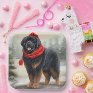Tibetan Mastiff Dog in Snow Christmas  Paper Plate