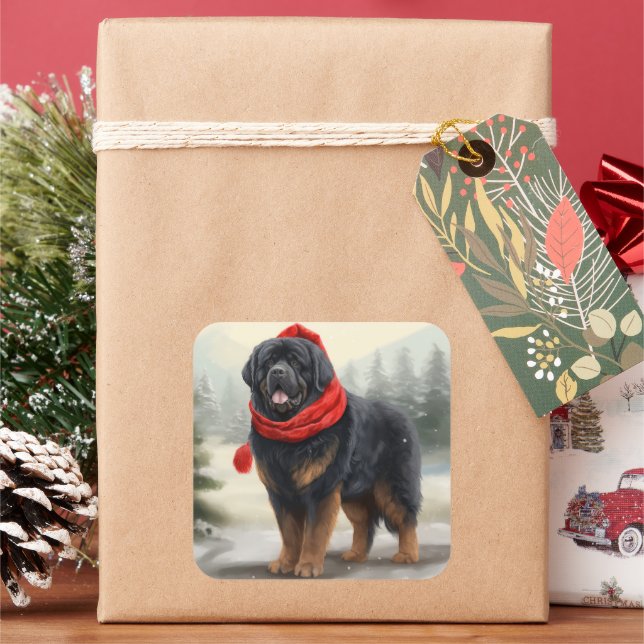 Tibetan Mastiff Dog in Snow Christmas  Square Sticker (Holiday)