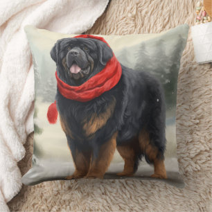 Tibetan Mastiff Dog in Snow Christmas Throw Pillow