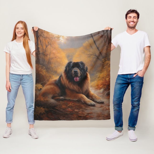 Tibetan Mastiff in Autumn Leaves Fall Inspire Fleece Blanket (In Situ)