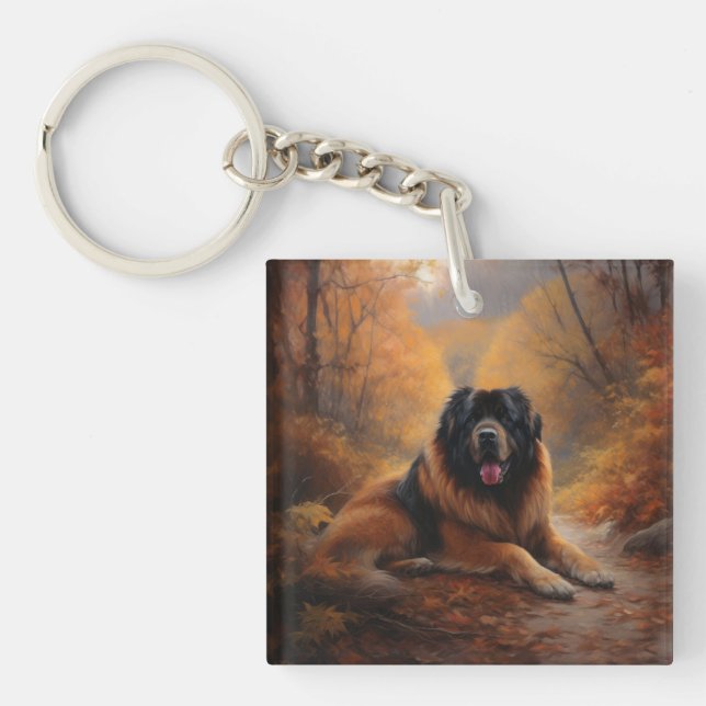 Tibetan Mastiff in Autumn Leaves Fall Inspire Keychain (Front)