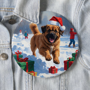 Tibetan Mastiff Running in Snow with Christmas Hat 6 Inch Round Button