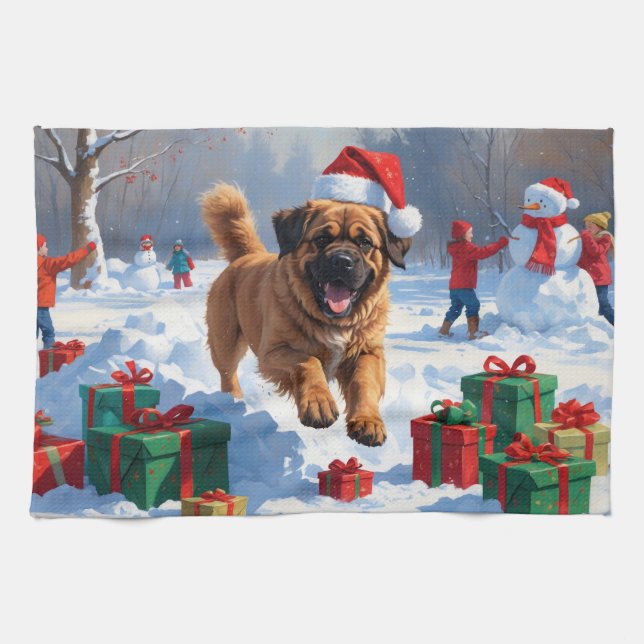 Tibetan Mastiff Running in Snow with Christmas Hat Kitchen Towel (Horizontal)