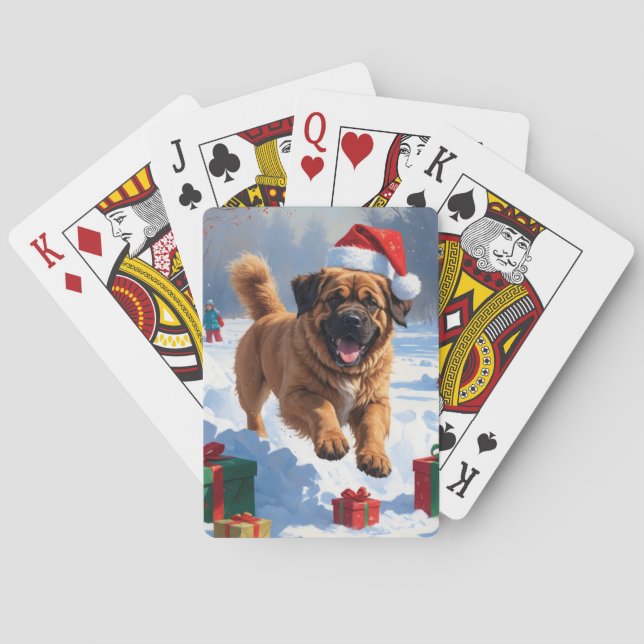 Tibetan Mastiff Running in Snow with Christmas Hat Playing Cards (Back)