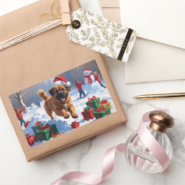 Tibetan Mastiff Running in Snow with Christmas Hat Sticker (Gifting)