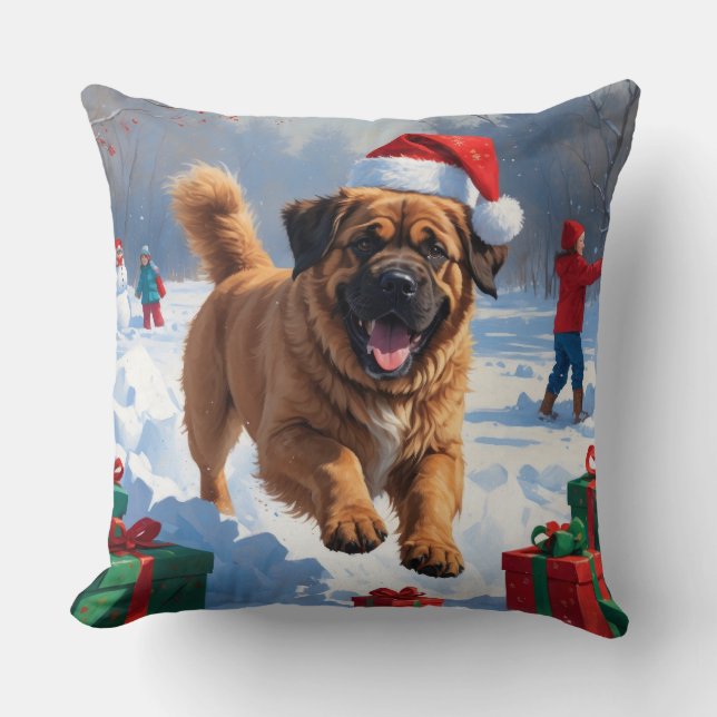 Tibetan Mastiff Running in Snow with Christmas Hat Throw Pillow (Front)