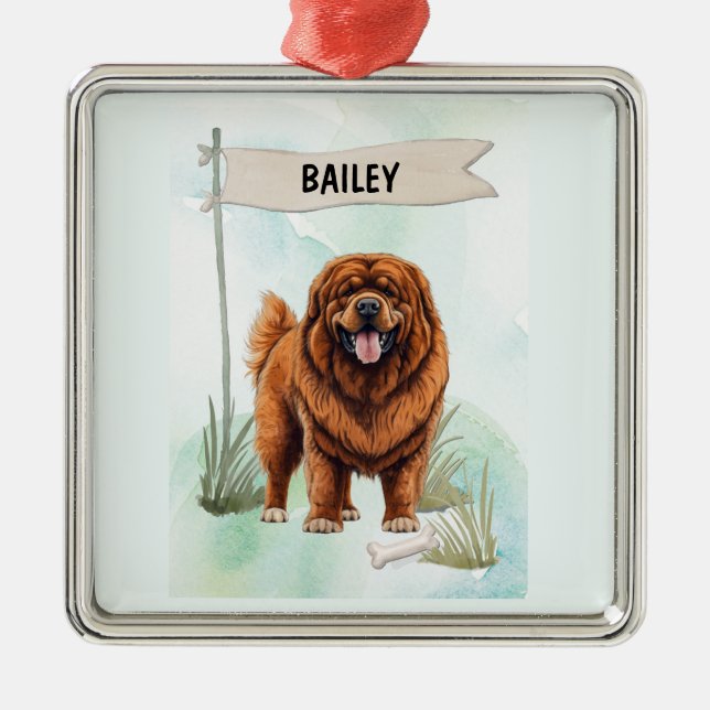 Tibetan Mastiff Watercolor Personalized Dog Metal Ornament (Front)