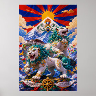 Tibetan Snow Lions - Himalayan Buddhist Heritage Poster