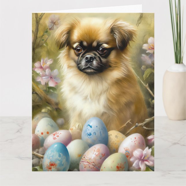 Tibetan Spaniel Dog with Easter Eggs Holiday Card (Front)