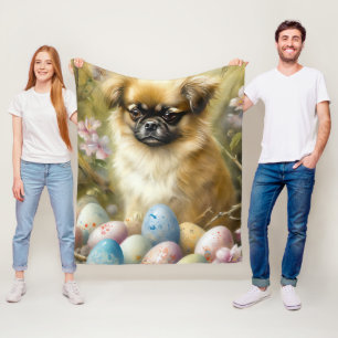Tibetan Spaniel Dog with Easter Eggs Holiday Fleece Blanket