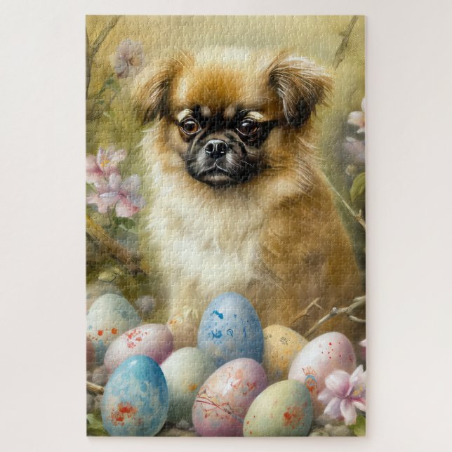 Tibetan Spaniel Dog with Easter Eggs Holiday Jigsaw Puzzle (Vertical)