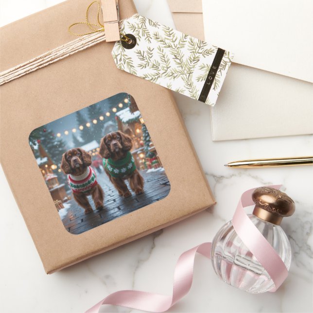 Tibetan Spaniel Dogs Christmas Snow Holiday Square Sticker (Gifting)