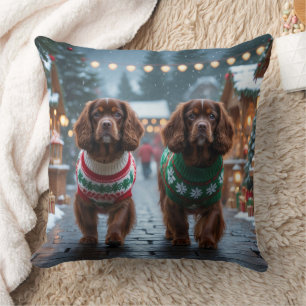 Tibetan Spaniel Dogs Christmas Snow Holiday Throw Pillow