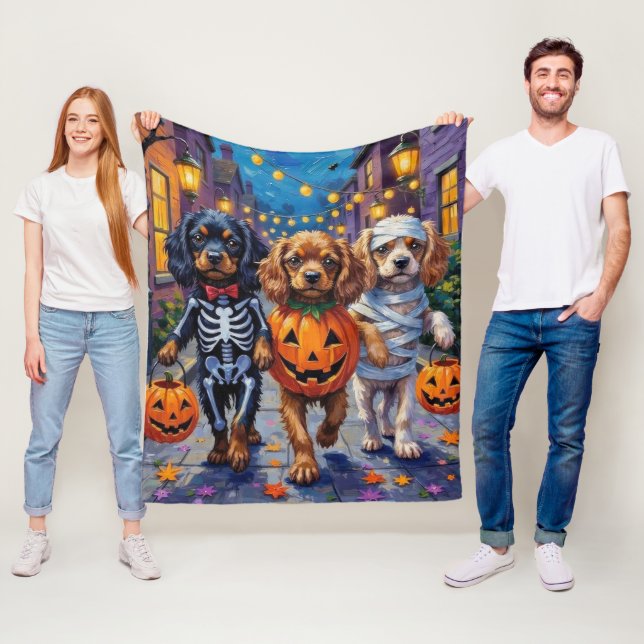 Tibetan Spaniel Dogs In Halloween Costumes Fleece Blanket (In Situ)