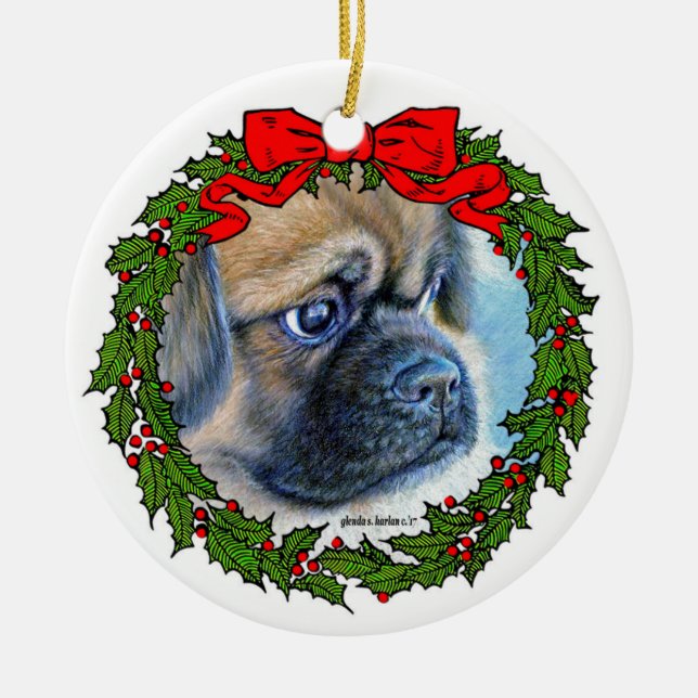 Tibetan Spaniel Drawing by Glenda S. Harlan Ceramic Ornament (Front)