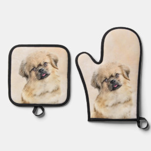 Tibetan Spaniel Painting Cream and White Dog Art Oven Mitt & Pot Holder Set