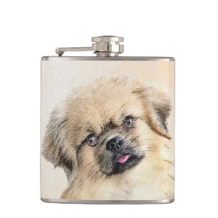 Tibetan Spaniel Painting - Cute Original Dog Art Hip Flask