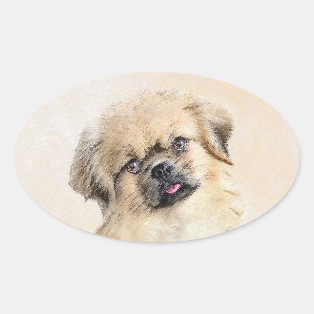 Tibetan Spaniel Painting - Cute Original Dog Art Oval Sticker (Front)