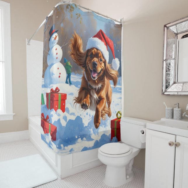 Tibetan Spaniel Running in Snow with Christmas Hat (In Situ)