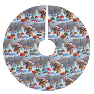 Tibetan Spaniel Running in Snow with Christmas Hat Brushed Polyester Tree Skirt