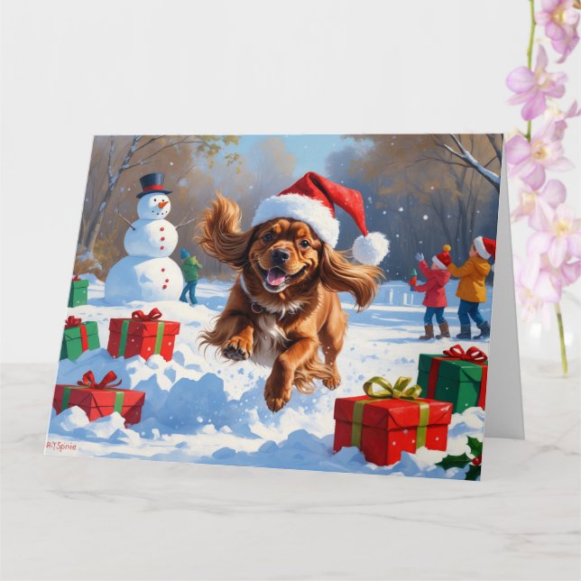 Tibetan Spaniel Running in Snow with Christmas Hat Card (Orchid)
