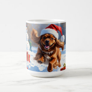 Tibetan Spaniel Running in Snow with Christmas Hat Coffee Mug