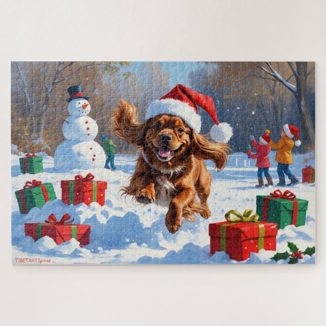 Tibetan Spaniel Running in Snow with Christmas Hat Jigsaw Puzzle (Horizontal)