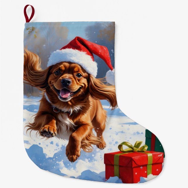 Tibetan Spaniel Running in Snow with Christmas Hat Large Christmas Stocking (Front)