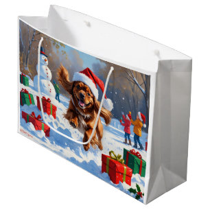 Tibetan Spaniel Running in Snow with Christmas Hat Large Gift Bag