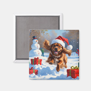 Tibetan Spaniel Running in Snow with Christmas Hat Magnet