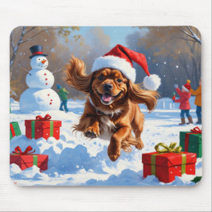 Tibetan Spaniel Running in Snow with Christmas Hat Mouse Pad