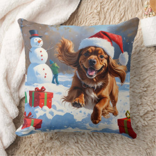 Tibetan Spaniel Running in Snow with Christmas Hat Throw Pillow