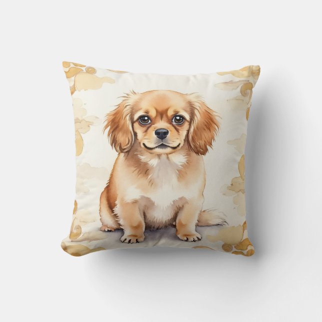 Tibetan Spaniel Watercolor Cloud Scroll Art Throw Pillow (Front)