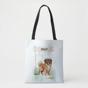 Tibetan Spaniel Watercolor Personalized Dog Tote Bag