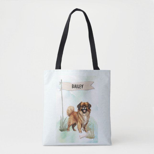 Tibetan Spaniel Watercolor Personalized Dog Tote Bag (Front)